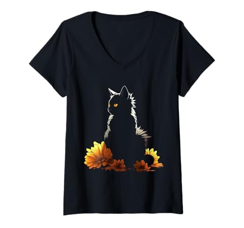 Damen Katze Blumen Artwork - Katze Motiv Tier Katze T-Shirt mit V-Ausschnitt von @n!mal
