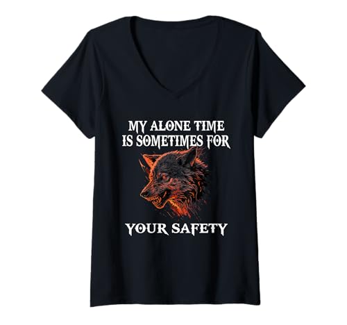Damen Meine Zeit alleine ist manchmal zu deiner Sicherheit, Angry Wolf T-Shirt mit V-Ausschnitt von @n!mal