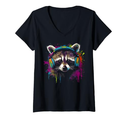 Damen Waschbär Musik Kopfhörer Bunt - Tier Motiv Kunst Waschbär T-Shirt mit V-Ausschnitt von @n!mal