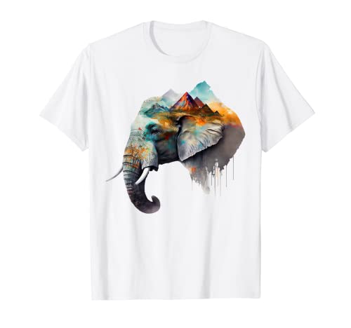 Elefant Landschaft Bunt Berge Tier Druck Kunst Elefant T-Shirt von @n!mal
