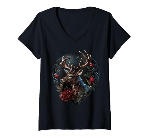 Hirsch Tiermotiv Blumen Kunst Tier Druck Reh T-Shirt mit V-Ausschnitt von @n!mal