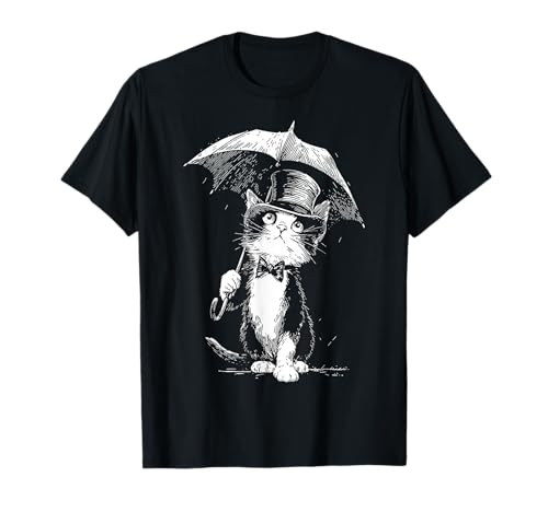 Katze hält Regenschirm Zeichnung Tier Grafik Illustration Katze T-Shirt von @n!mal
