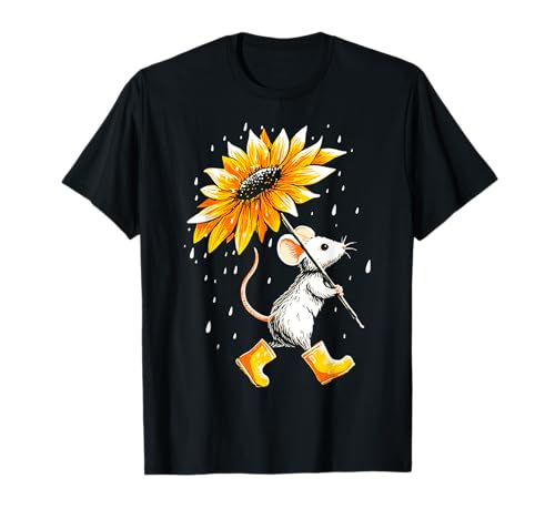Maus hält Regenschirm Sonnenblume Zeichnung Tiermotiv Maus T-Shirt von @n!mal