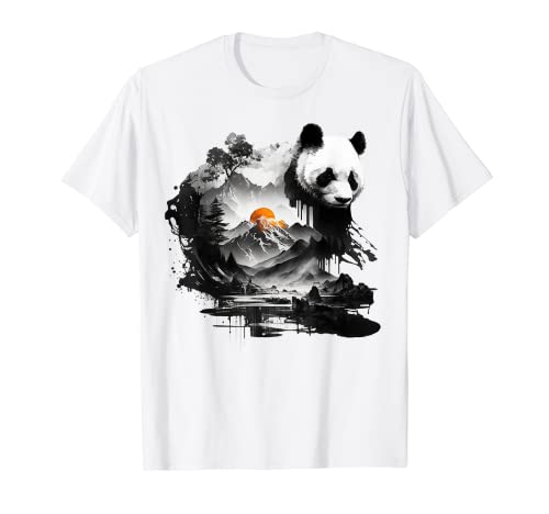 Panda Landschaft Sonne Tier Druck Kunst Panda T-Shirt von @n!mal