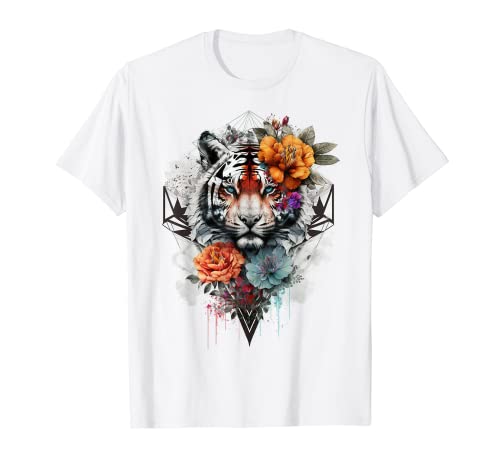 Tiger Blumen Blaue Augen Tier Druck Kunst Tiger T-Shirt von @n!mal