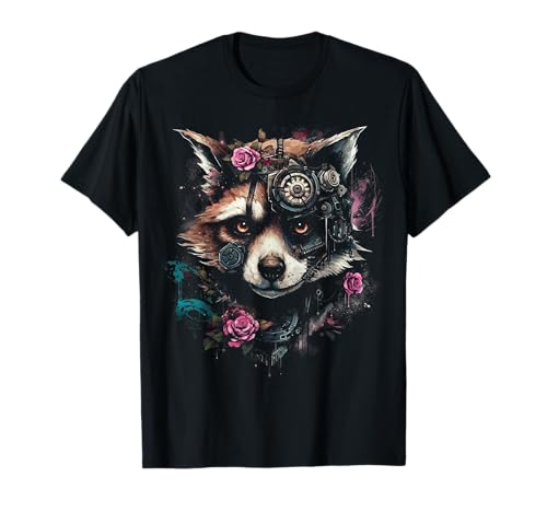 @n!mal Waschbär Blumen Roboter - Tier Waschbär T-Shirt Unisex-Kind Schwarz S von @n!mal