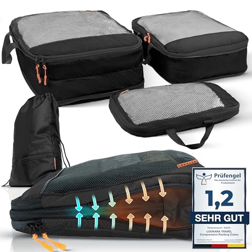 Compression Packing Cubes Set für mehr Platz im Koffer & Backpack - Packwürfel Packing Cubes Compression als Rucksack Organizer - Travel Packtaschen Reise - Camping Zubehör & Wander Ausrüstung von LOONARA Travel