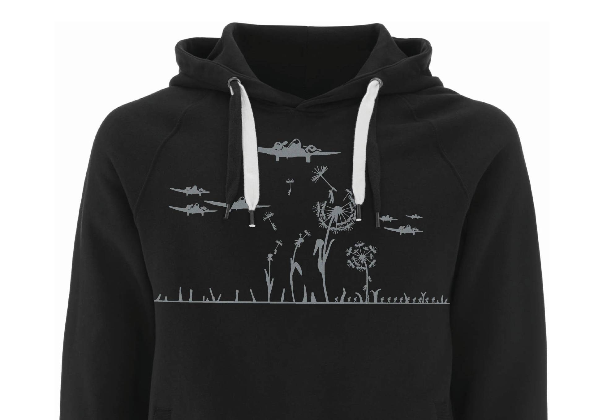 Flauschiger Hoodie Für Männer Bio Hoody Pusteblume Schwarzer Pullover Mit Motiv in Grau Herren Kapuzenpullover Biobaumwolle, Fair Produziert von naaknaak