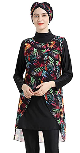 Muslimische Badeanzüge für Frauen Floral Modesty Bademode Islamischer Hijab Burkini Beachwear Tankini Badeanzug (Black, 4XL) von nadamuSun