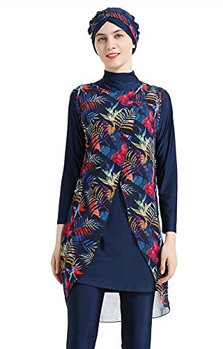 Muslimische Badeanzüge für Frauen Floral Modesty Bademode Islamischer Hijab Burkini Beachwear Tankini Badeanzug (Blue, 3XL) von nadamuSun