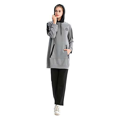 nadamuSun Muslim Trainingsanzug Set Jumper Hoodie Sportswear Islamischer Trainingsanzug Muslimah Sweatshirt Outdoor Sportanzug (Grey, M) von nadamuSun