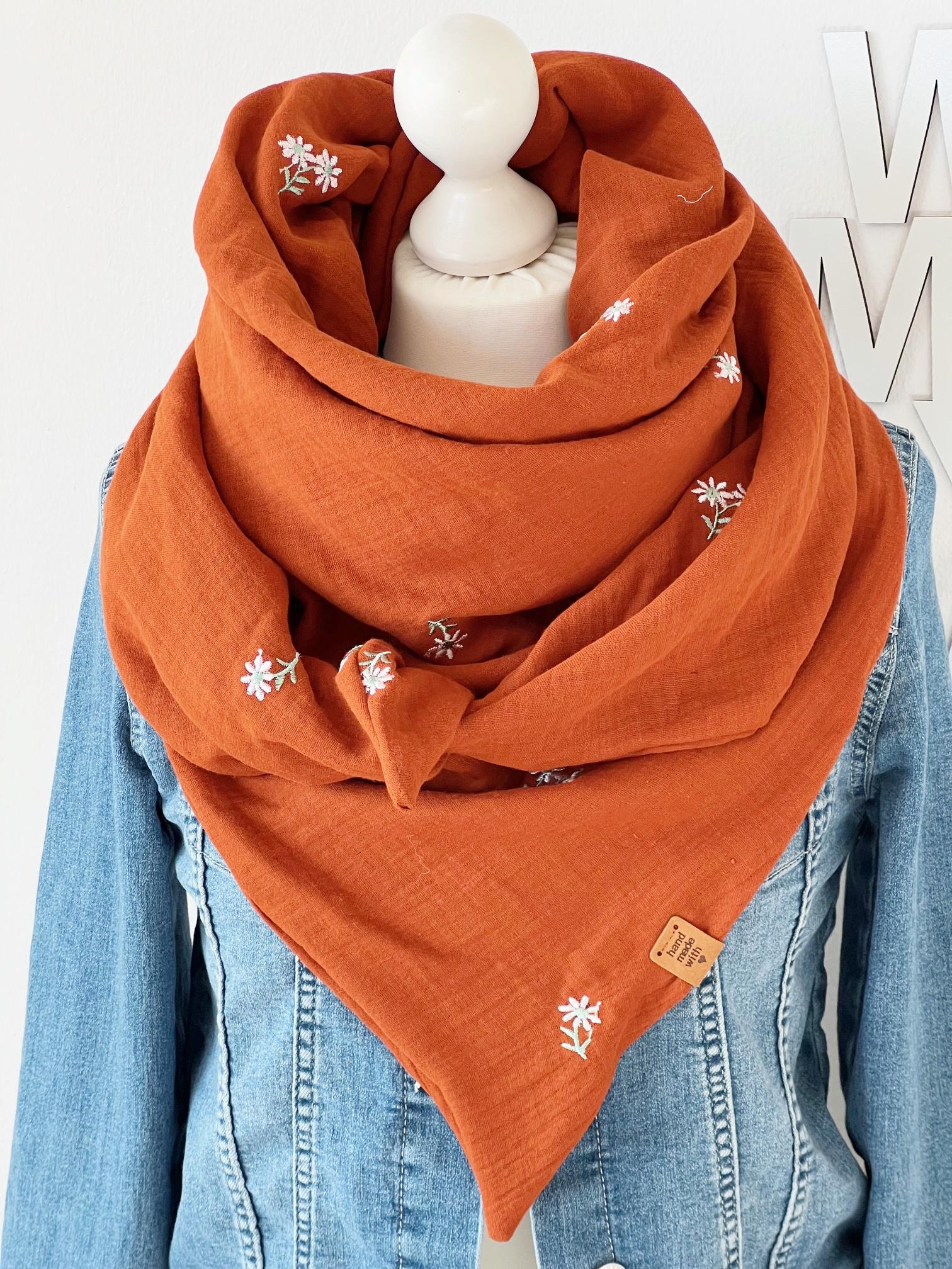 xxl Musselin Tuch "Blumen' Erwachsene Dreieckstuch Doppellagig Halstuch Stickerei Rost von nadelspinnereiwerk