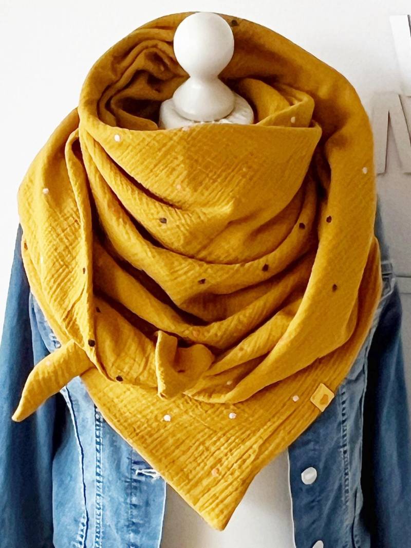 xxl Musselin Tuch "Dots' Erwachsene Dreieckstuch Doppellagig Halstuch Stickerei Ocker xxl Musselin Tuch "Dots' Erwachsene Dreieckstuch Doppellagig Halstuch Stickerei Ocker von nadelspinnereiwerk