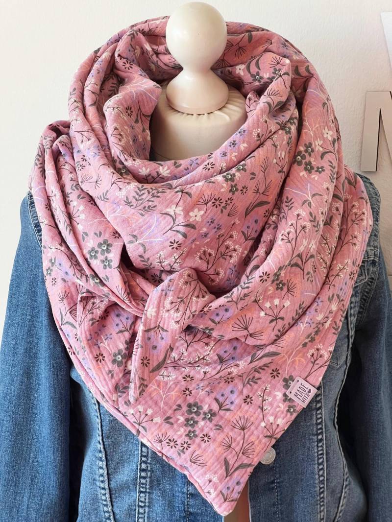 xxl Musselin Tuch "Flowers' Erwachsene Dreieckstuch Doppellagig Halstuch Bio Mauve von nadelspinnereiwerk