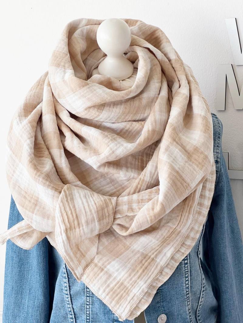 xxl Musselin Tuch "Karo' Erwachsene Dreieckstuch Doppellagig Halstuch Wendehalstuch Beige von nadelspinnereiwerk