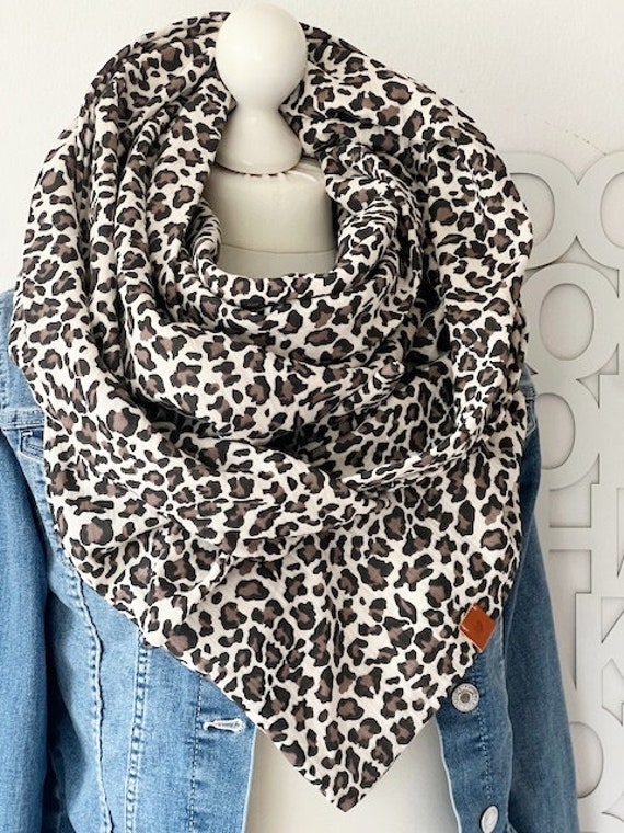 xxl Musselin Tuch "Leo Print' Erwachsene Dreieckstuch Doppellagig Halstuch Natur von nadelspinnereiwerk