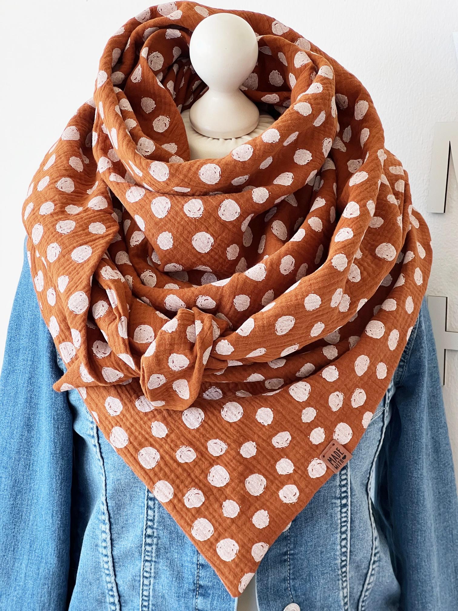 xxl Musselin Tuch "Polka Dots' Erwachsene Dreieckstuch Doppellagig Halstuch Rost xxl Musselin Tuch "Polka Dots' Erwachsene Dreieckstuch Doppellagig Halstuch Rost von nadelspinnereiwerk