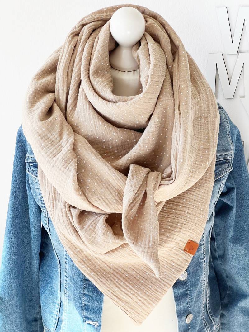 xxl Musselin Tuch "Pünktchen' Erwachsene Dreieckstuch Doppellagig Halstuch Beige von nadelspinnereiwerk