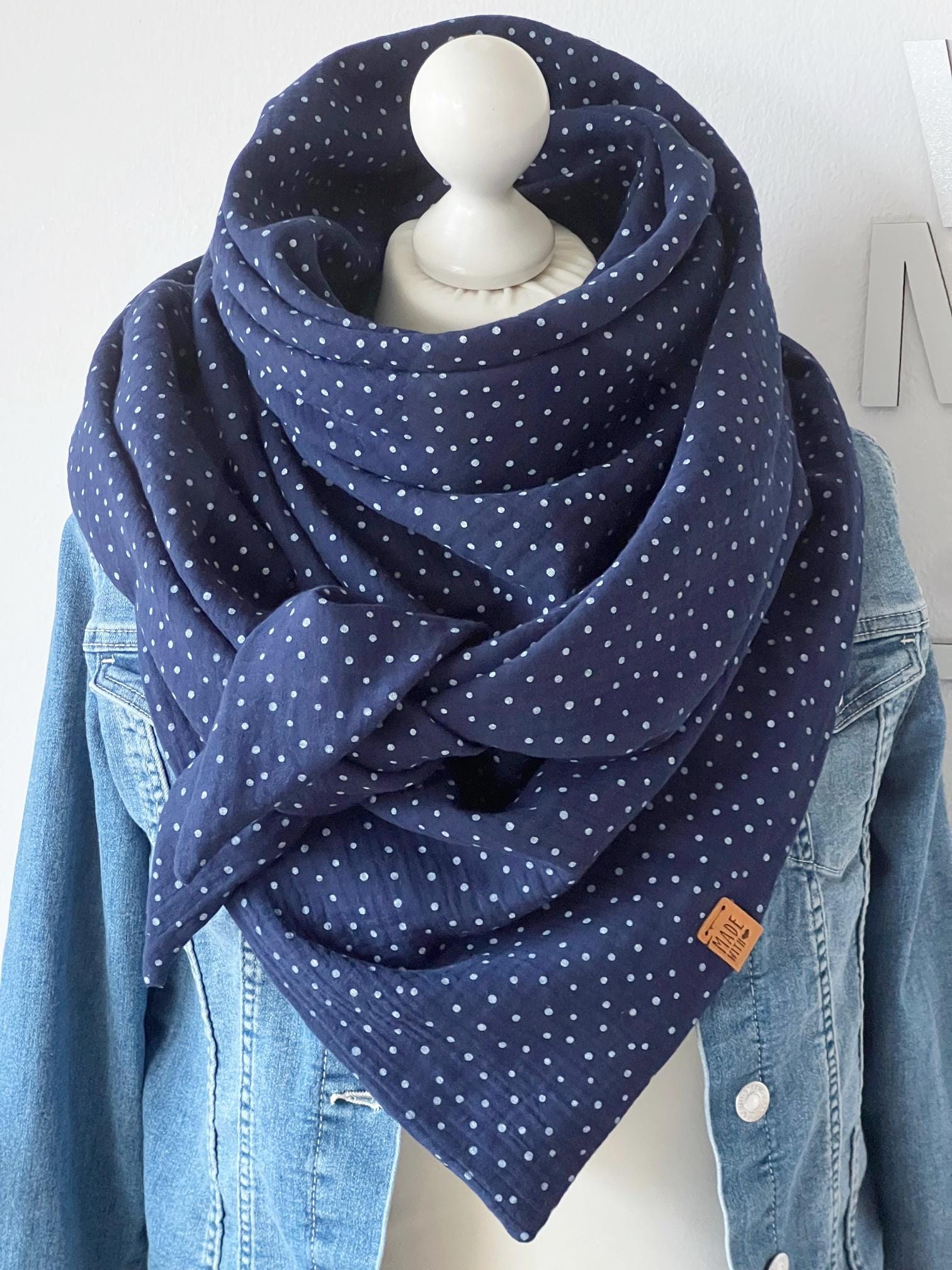 xxl Musselin Tuch "Pünktchen' Erwachsene Dreieckstuch Doppellagig Halstuch Marine von nadelspinnereiwerk