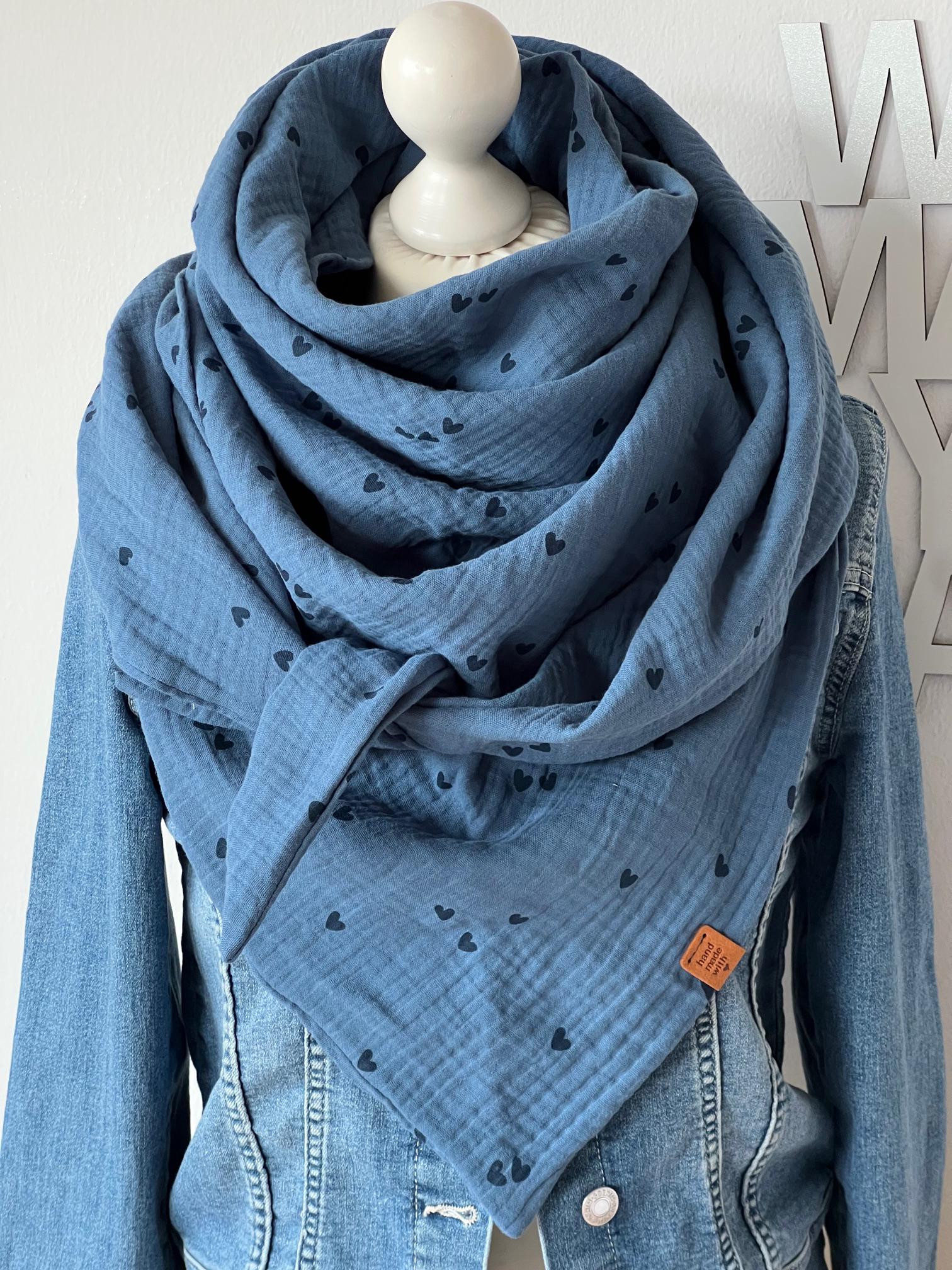xxl Musselin Tuch "Small Hearts' Erwachsene Dreieckstuch Doppellagig Halstuch Jeans von nadelspinnereiwerk