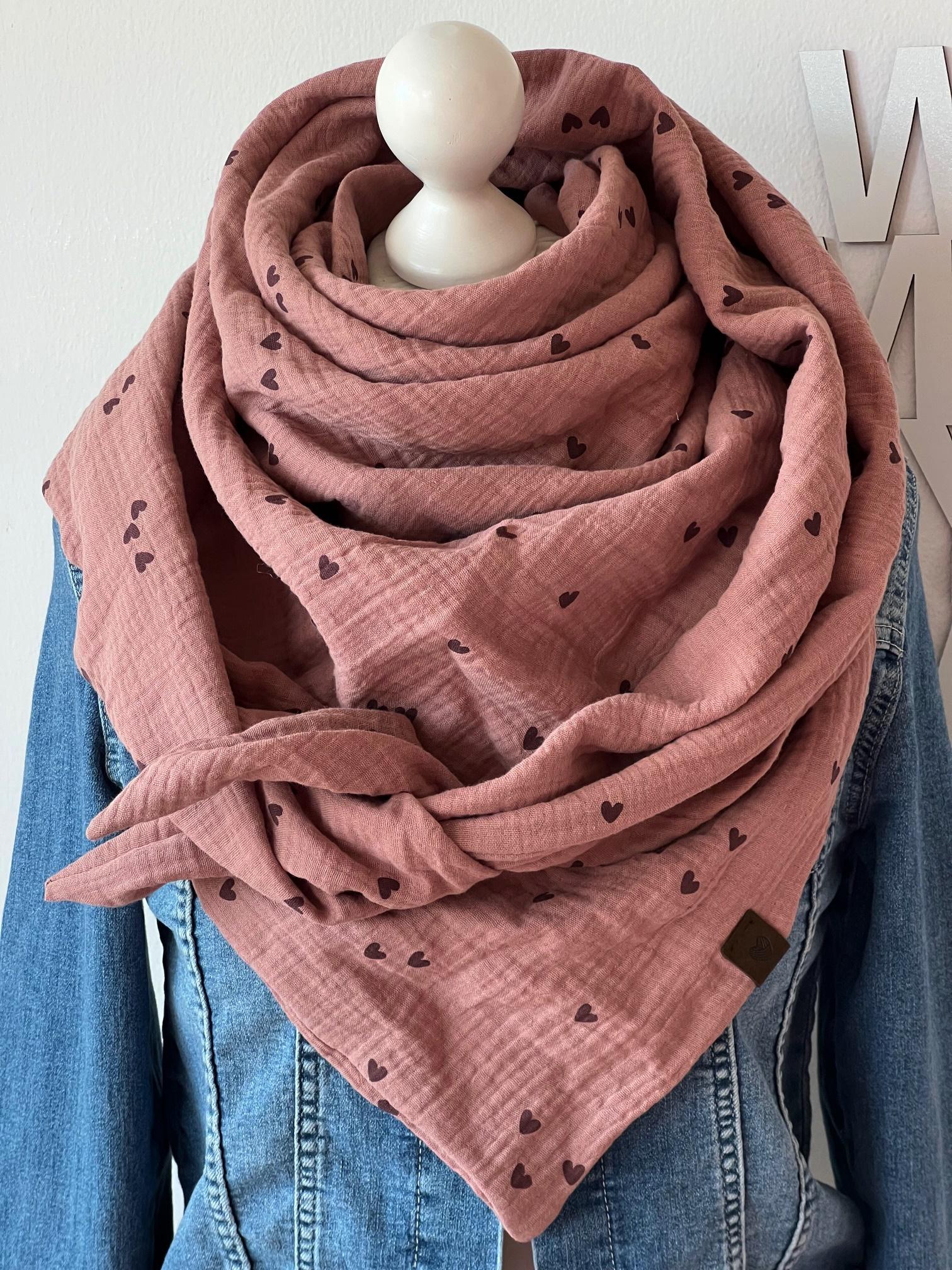 xxl Musselin Tuch "Small Hearts' Erwachsene Dreieckstuch Doppellagig Halstuch Mokka von nadelspinnereiwerk