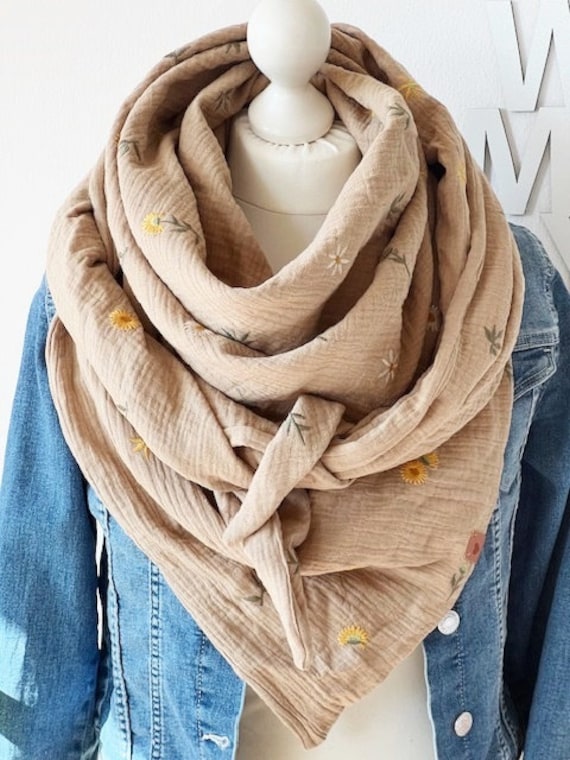xxl Musselin Tuch "Sunflowers' Erwachsene Dreieckstuch Doppellagig Halstuch Stickerei Beige xxl Musselin Tuch "Sunflowers' Erwachsene Dreieckstuch Doppellagig Halstuch Stickerei Beige von nadelspinnereiwerk