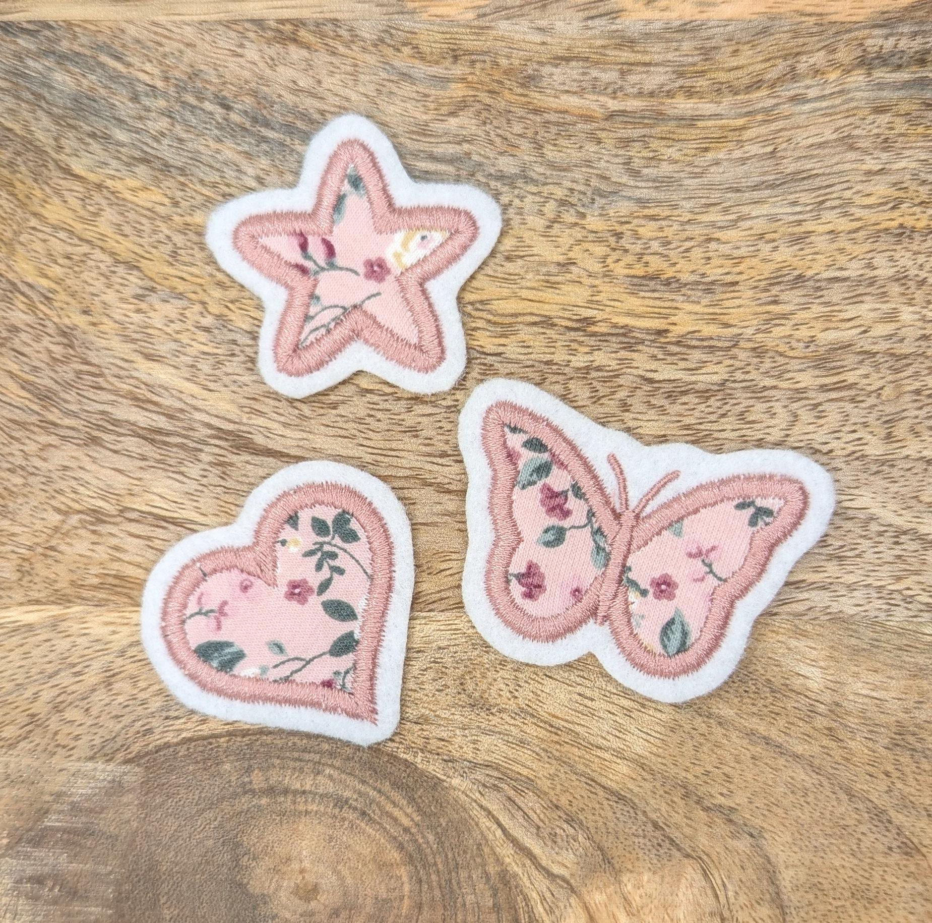 Patch/Applikation/Aufnäher/Bügelbild - Herz, Schmetterling, Stern Rosa, Blumen, Blümchen Limitierte Auflage von nadelunikat
