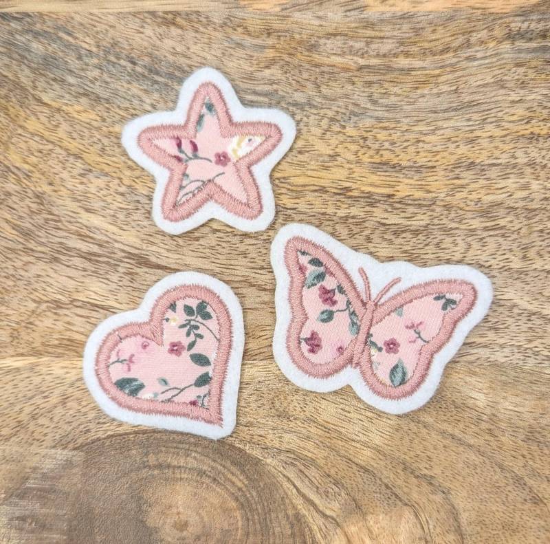 Patch/Applikation/Aufnäher/Bügelbild - Herz, Schmetterling, Stern Rosa, Blumen, Blümchen Limitierte Auflage von nadelunikat