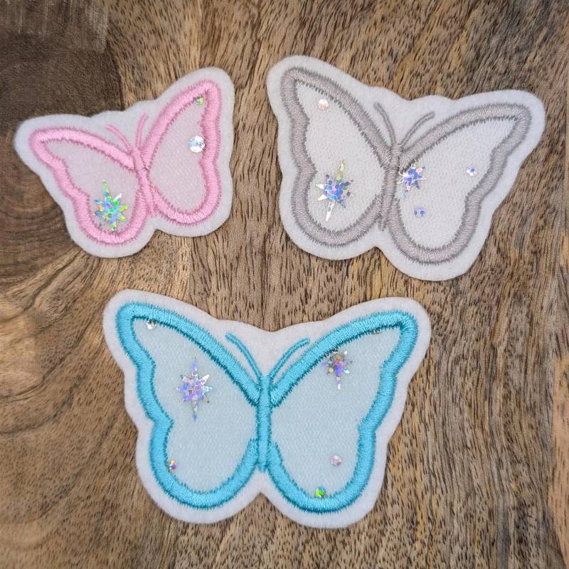 Patch/Applikation/Aufnäher/Bügelbild - Schmetterling, Frühling Rosa, Weiß, Türkis Glitzer von nadelunikat