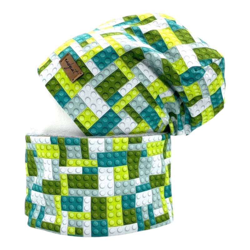 Bausteine Brick Grün, Klemmbausteine, Stones, Beanie Mit Passendem Loop Oder Je Einzeln, Winter Set, Übergangs Mützen Set von nadycat