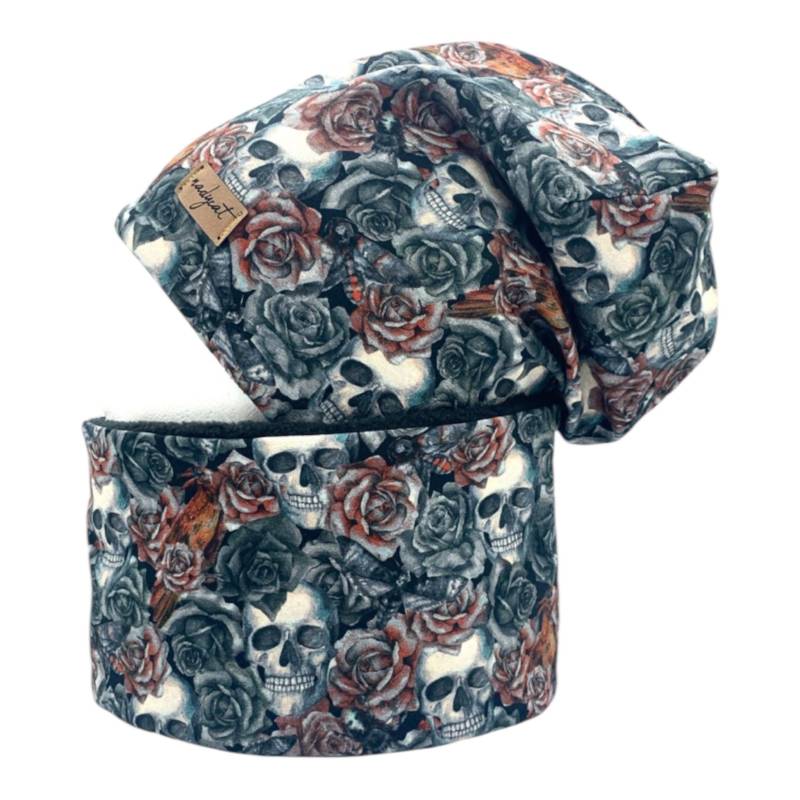 Rose & Skulls, Beanie Mit Passendem Loop Oder Einzeln, Winter Set, Übergangs Mützen Mütze Für Kinder Und Erwachsene von nadycat