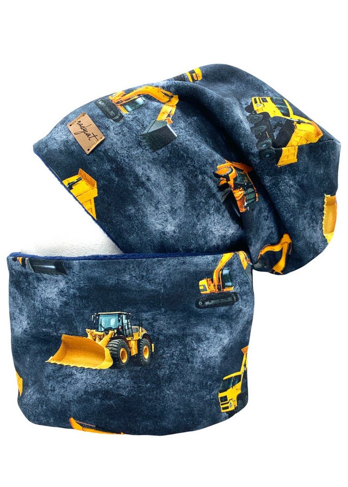 nadycat Beanie BAUFAHRZEUGE Bagger-LKW jeans-dunkelblau (2-St) handgefertigt aus der Lausitz von nadycat