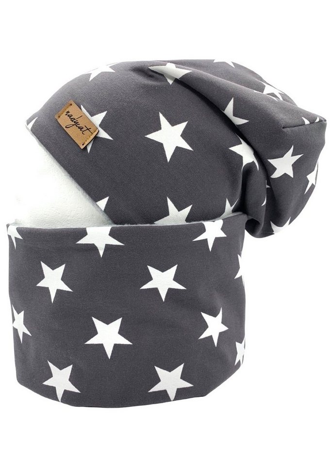 nadycat Beanie GREY & WHITE STARS (2-St., Beanie & Loop) handgefertigt aus der Lausitz von nadycat