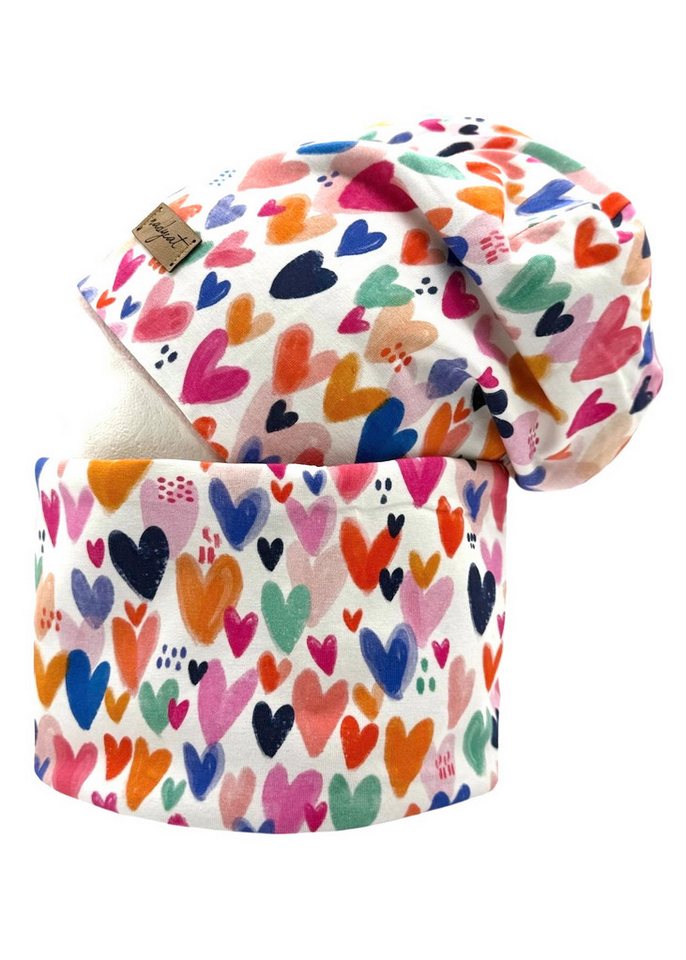 nadycat Beanie WHITE HEARTS (2-St., Beanie mit passendem Loop) handgefertigt aus der Lausitz von nadycat