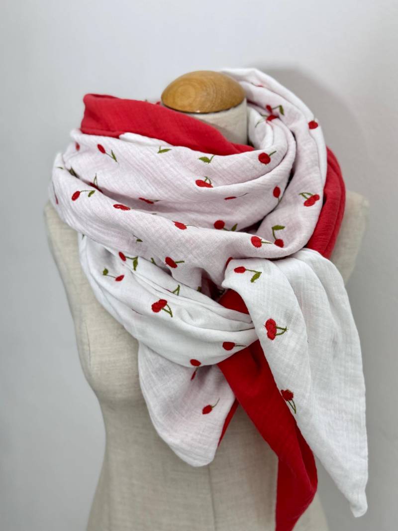 Dreieckstuch Xxl Wickelschal Loopschal Musselintuch Schal Halstuch Stola Sommertuch Gauze Kirschen Rot Punkte Weiß von naehkombinat