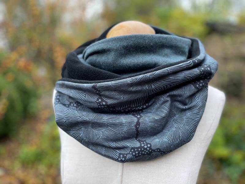 Loop Loopschal Schal Schlauchschal Baumwolle Jerseyschal Wendeschal Winter Tweed Petrol Fischgrat Grün Mint Schwarz Blau von naehkombinat