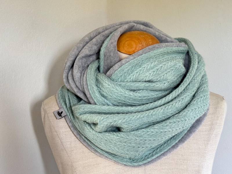 Loop Loopschal Schal Schlauchschal Wendeschal Grün Mint Grau Blaugrau Warm Strick Zopf Winterschal Weich von naehkombinat