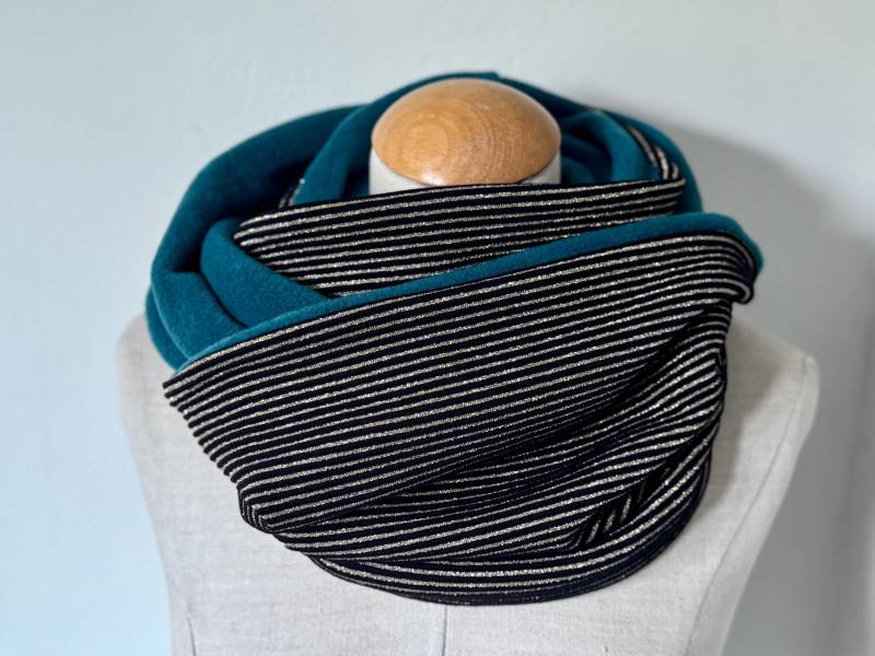 Loop Schlauchschal Loopschal Jerseyschal Wendeschal Fleece Schwarz Gold Glitzer Streifen Winter Baumwolle Petrol Grün von naehkombinat