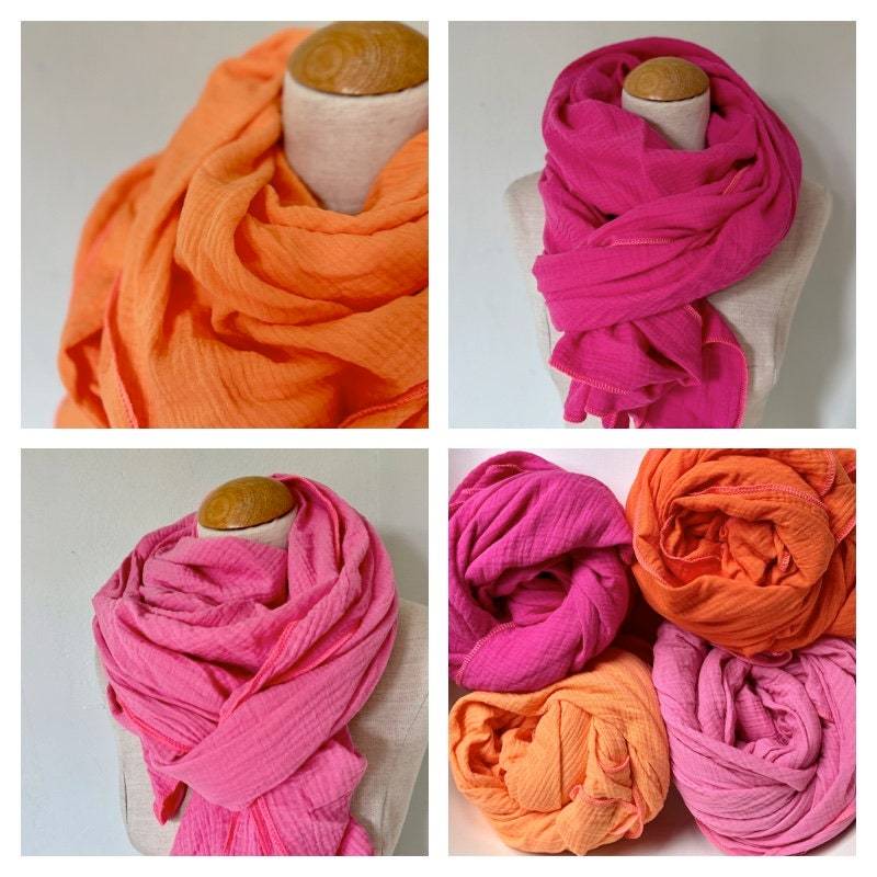 Musselintuch Quadrat Wickelschal Loopschal Baumwolle Apricot Peach Pink Fuchsia Orange Rosa Neon Strandtuch Stola Sommertuch Dreieckstuch von naehkombinat