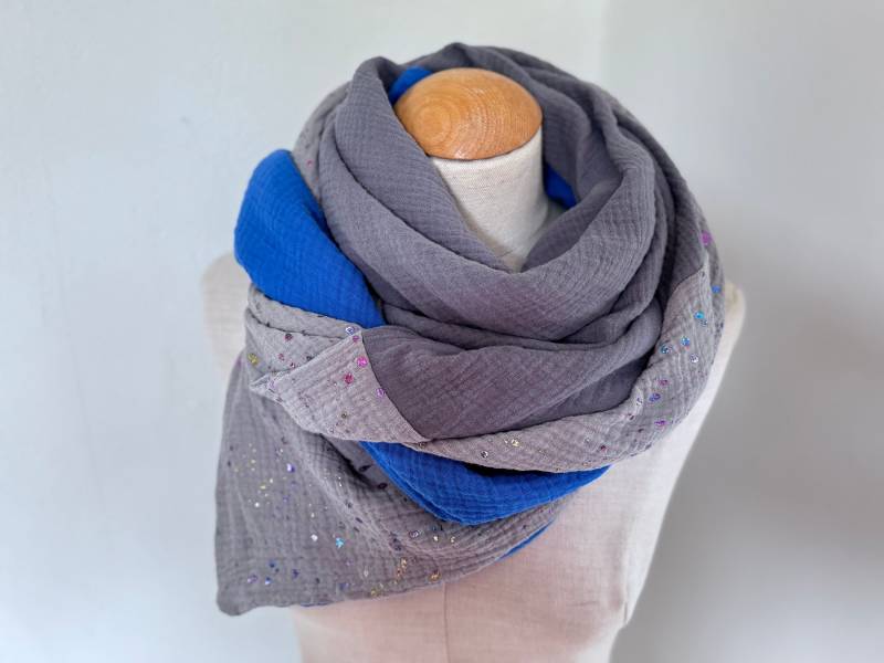 Musselintuch Xxl Wickelschal Dreieck Loopschal Grau Glitzer Punkte Anthrazit Blau Royal Königsblau Baumwolle Schal Stola Sommertuch von naehkombinat