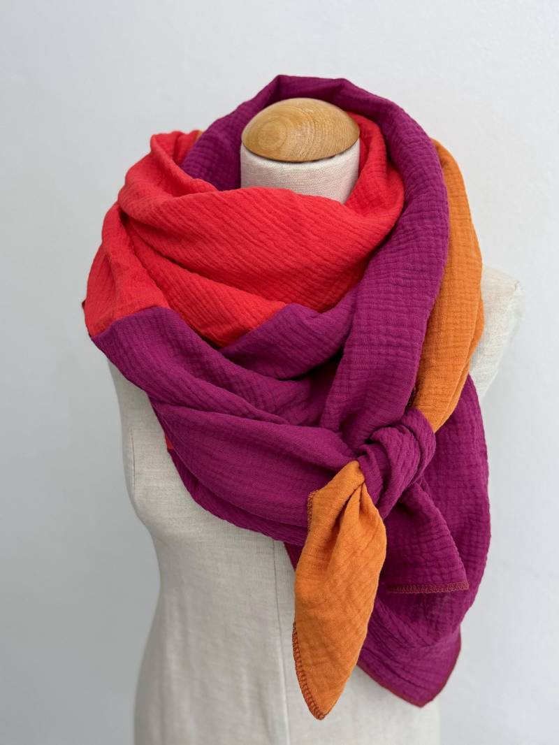 Musselintuch Xxl Wickelschal Dreieck Loopschal Pink Fuchsia Orange Rost Erika Rot Baumwolle Schal Stola Sommertuch Dreieckstuch von naehkombinat