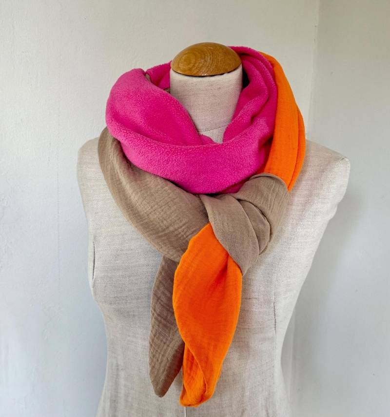 Schal Winter Herbst Fleece Stola Musselintuch Xxl Wickelschal Loopschal Pink Fuchsia Orange Rosa Baumwolle Neon Warm Kuschelig von naehkombinat