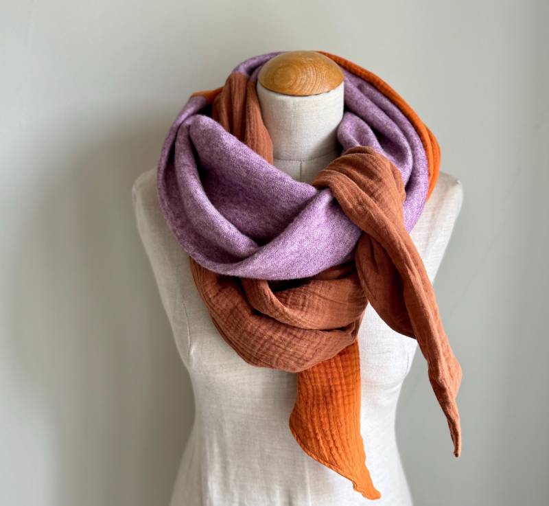 Schal Winter Herbst Strickstoff Fleece Stola Musselintuch Wickelschal Loop Cognac Rost Braun Orange Flieder Lila Warm Kuschelig von naehkombinat