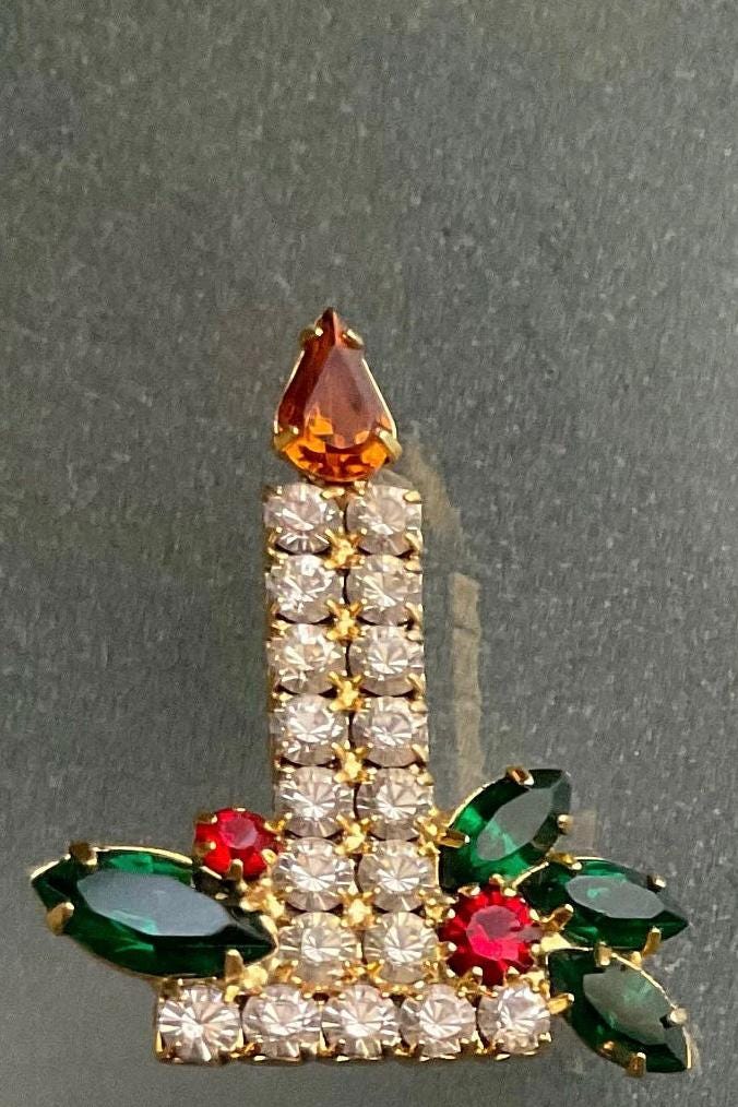 "Brosche " Christmas Candle" Goldfarben - Vintage Strass - Anstecker von nalika
