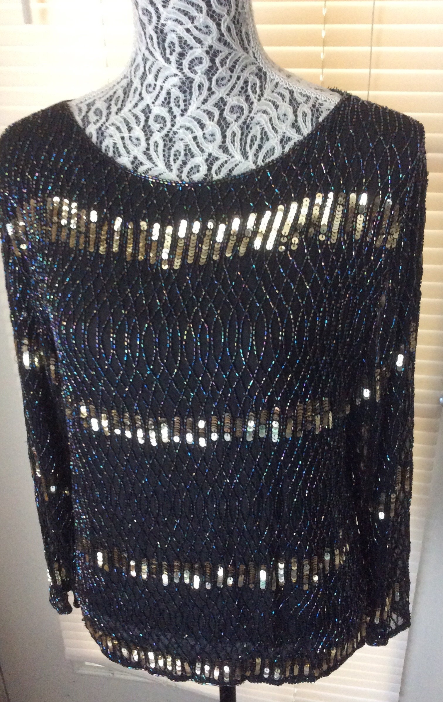 Vintage Damen Sweelo Perlen Pailletten Seidenbluse 90Er Indien Sz M von nalika