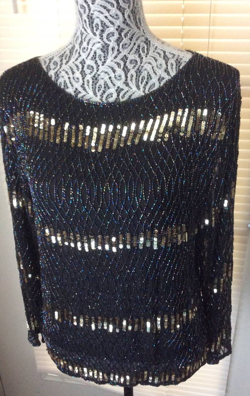 Vintage Damen Sweelo Perlen Pailletten Seidenbluse 90Er Indien Sz M von nalika