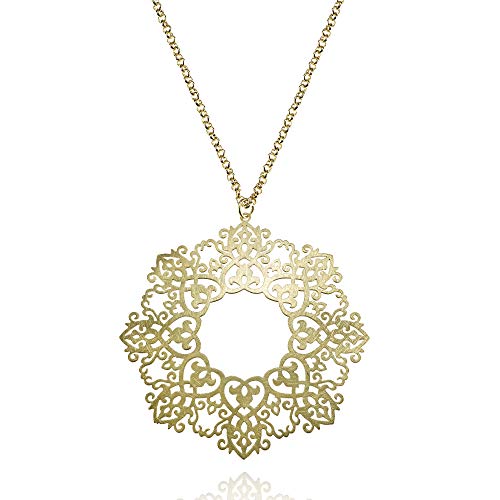 NAMANA Große Mandala-Anhänger mit Halskette für Damen, gebürstetes Finish, Heilige Geometrie, Goldene oder Silberne lange Damenhalskette von namana