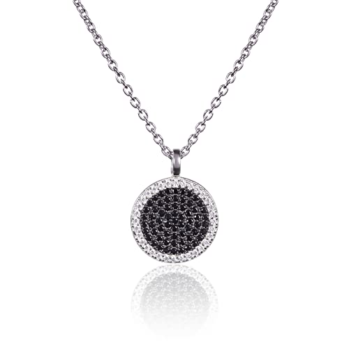 namana 925 Silber Sterling Scheiben-Anhänger mit Halskette für Damen, Sterling Silber Halsketten für Frauen mit rundem Anhänger mit schwarzen und weißen Cubic Zirkonia Edelsteinen von namana