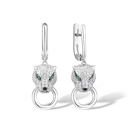 Namana Atemberaubende Panther Ohrringe für Damen. 925 Sterling Silber Ohrhänger für Frauen mit grünen und weißen Zirkonia Edelsteinen mit Panther Motiven. Sterlingsilber hängende Ohrringe von namana