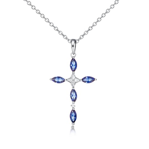 namana Blau Silber Kreuz-Anhänger mit Halskette für Damen. 925 Sterling Silber Halsketten für Frauen mit saphirblauen Steinen und Zirkonia Edelsteinen. Silberhalskette mit Geschenkbox von namana